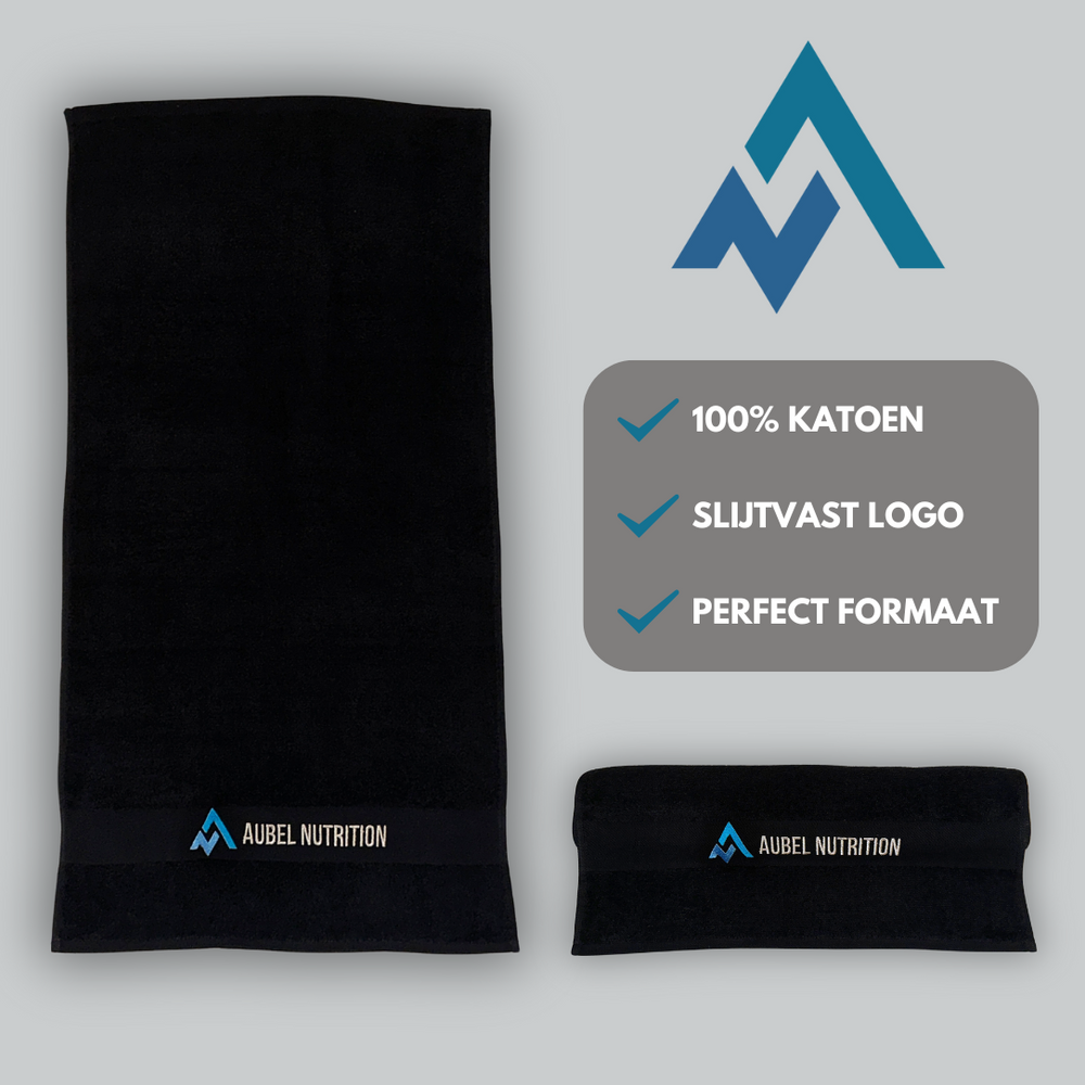 AubelNutrition handdoek van 100% katoen met geborduurd logo.